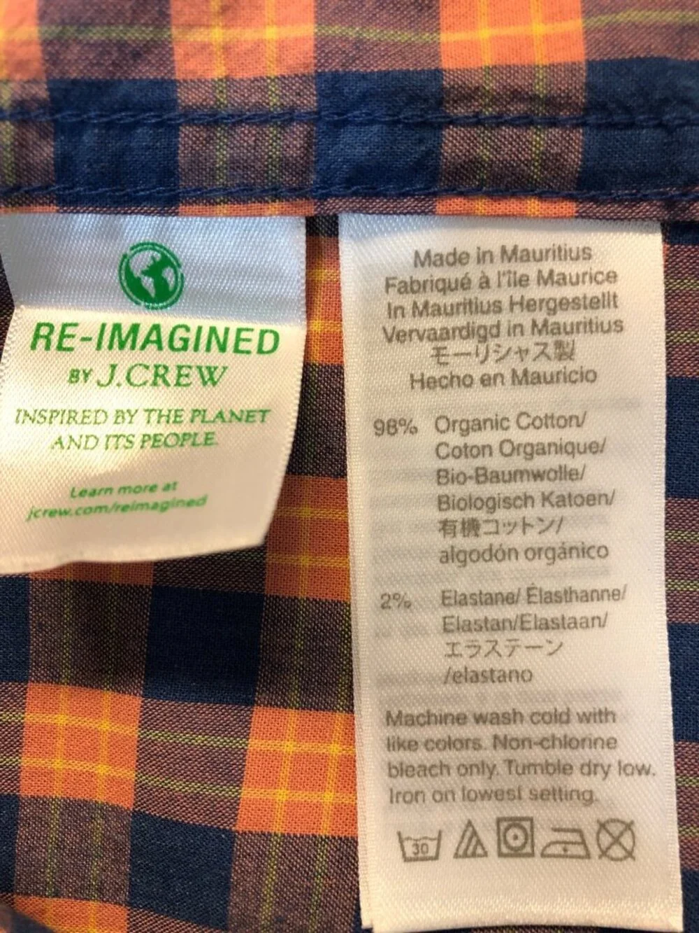 J Crew Slim Untucked Organic Cotton Orange Blue Plaid Button Front Shirt Size M